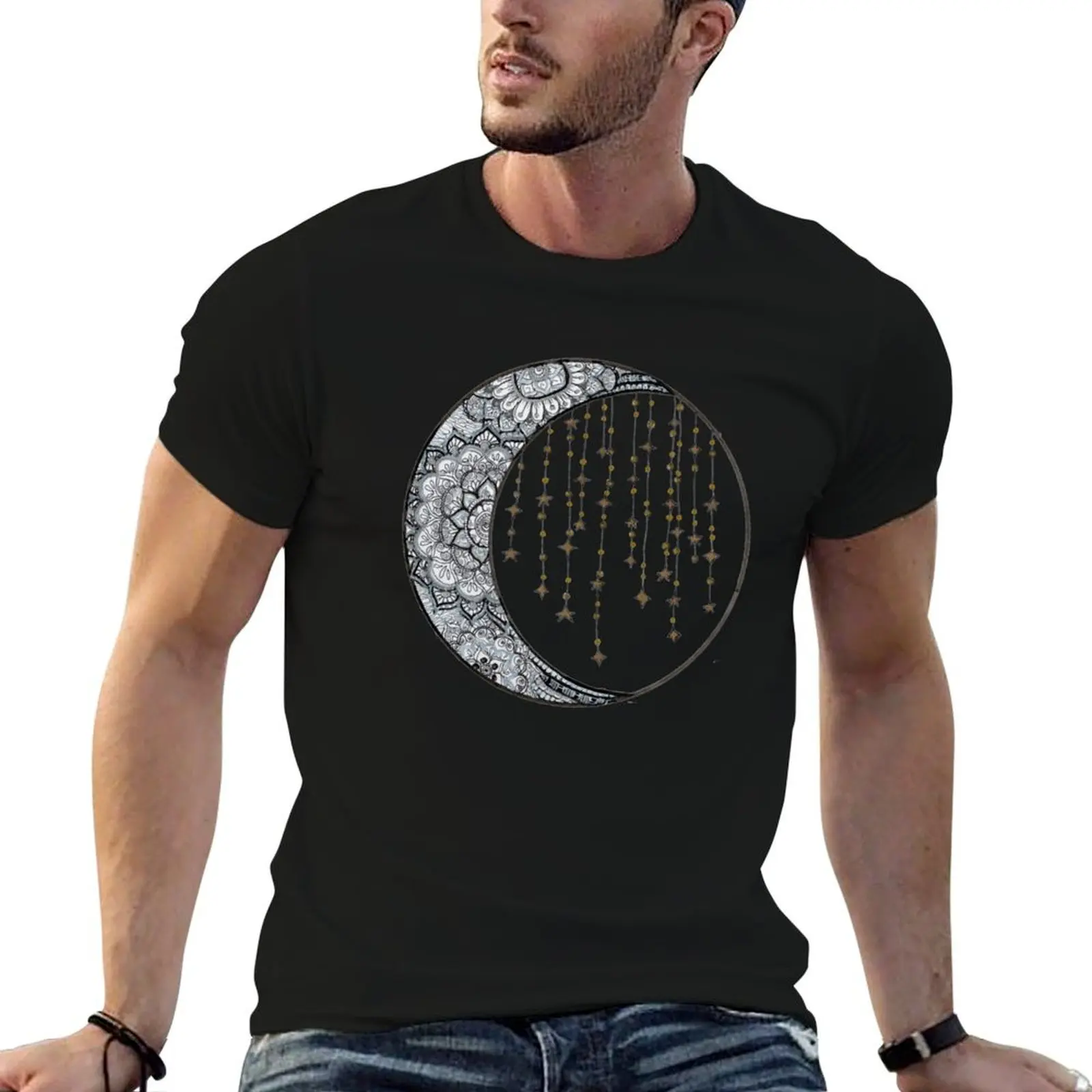 Star Strung Moon: glimmer (black backround) T-Shirt graphic tee shirt blacks oversizeds plus size clothes men t shirts