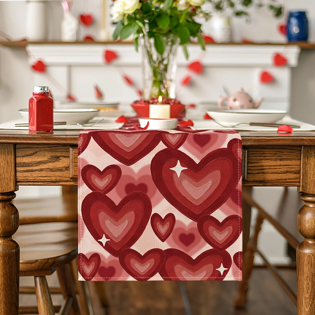Tischläufer aus Leinen mit Farbverlauf und rotem Herz – für Valentinstag, Hochzeit, Zuhause, Party, Dekoration