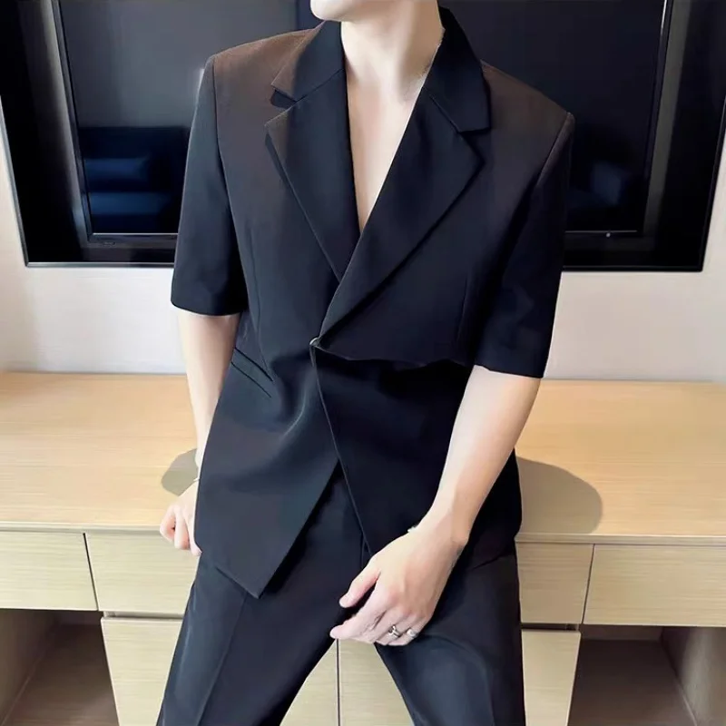 

2026 Men Summer Thin Loose Casual Blazer, Black Seven Sleeve Advanced Sense Design Half Sleeve Suit Coat