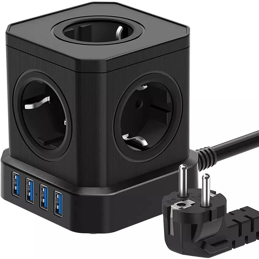 Compact Cube Size European Standard Power Strip Multi Socket High Power Standing Extension Lead With Usb Port