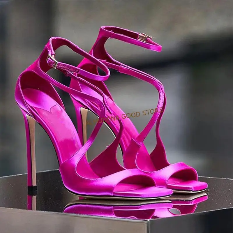 

Pink Silk fuchsia Sandals Women Square Open Toe Stilettos Shoes Satin Cross Straps Buckle Summer High Heel Women Wedding Pumps