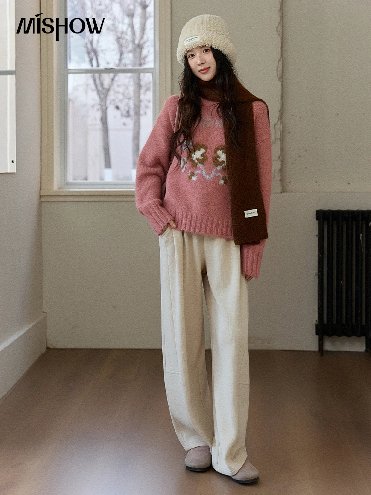 MISHOW سراويل نسائية مستقيمة مبطنة بالصوف لخريف وشتاء 2025 بخصر مطاطي سراويل غير رسمية للتنقل مع جيوب MXE92K1131