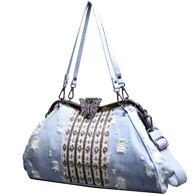 Fashion luxury Women Handbags Denim Cloth Butterfly Clip With Diamond Shoulder Bags Solid Crossbody Bags For Women