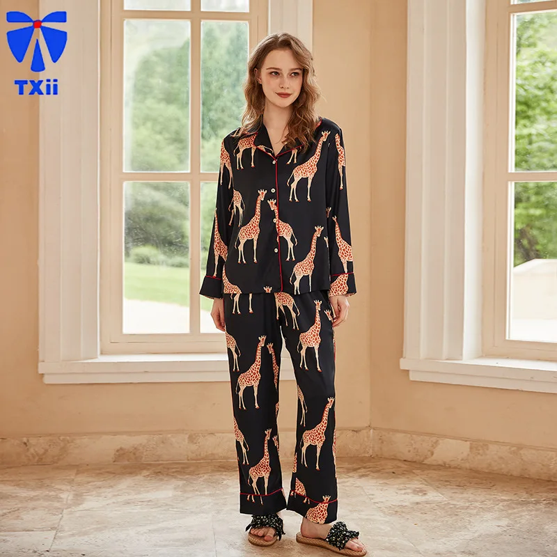 【Black Giraffe 】comfortable Ice Silk Pajamas Women High-end Sense ins Style Lapel Spring/Summer Long Sleeve Home Suit 17