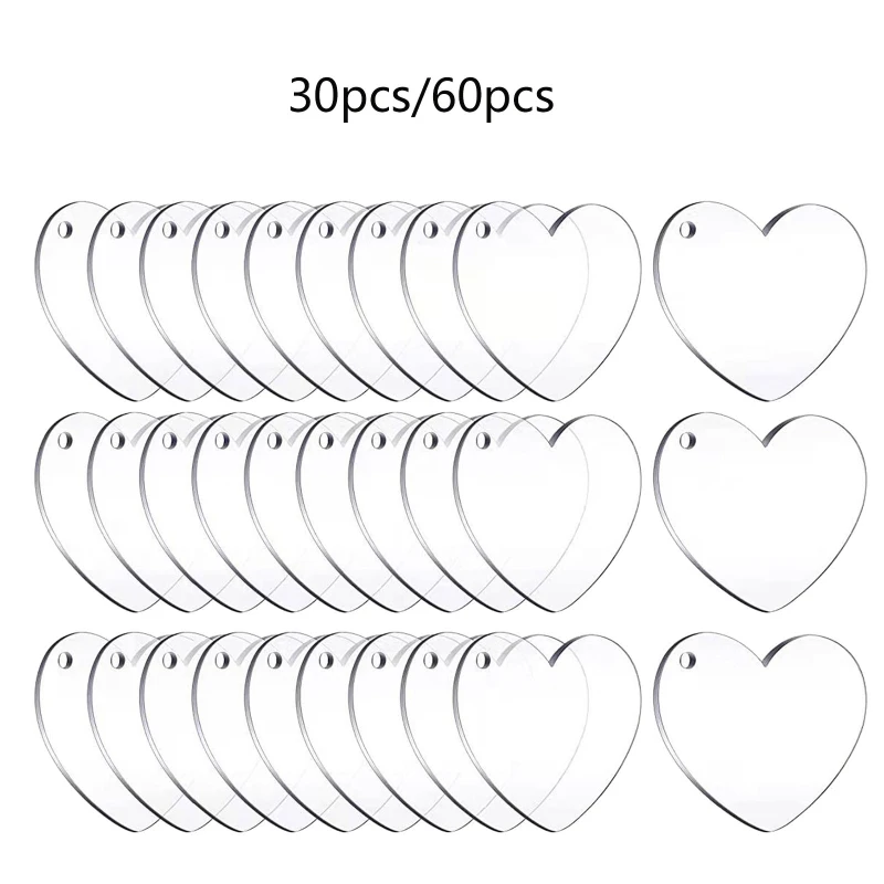 30/60Pieces Blank Clear Acrylic Heart Pendants Heart Blank Keychain Making