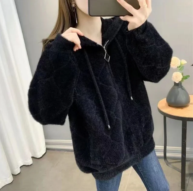 Manteau en fourrure de vison minimaliste urbain pour femme, cardigan à fermeture éclair, pull avec devant ouvert, col rond, haut à manches longues