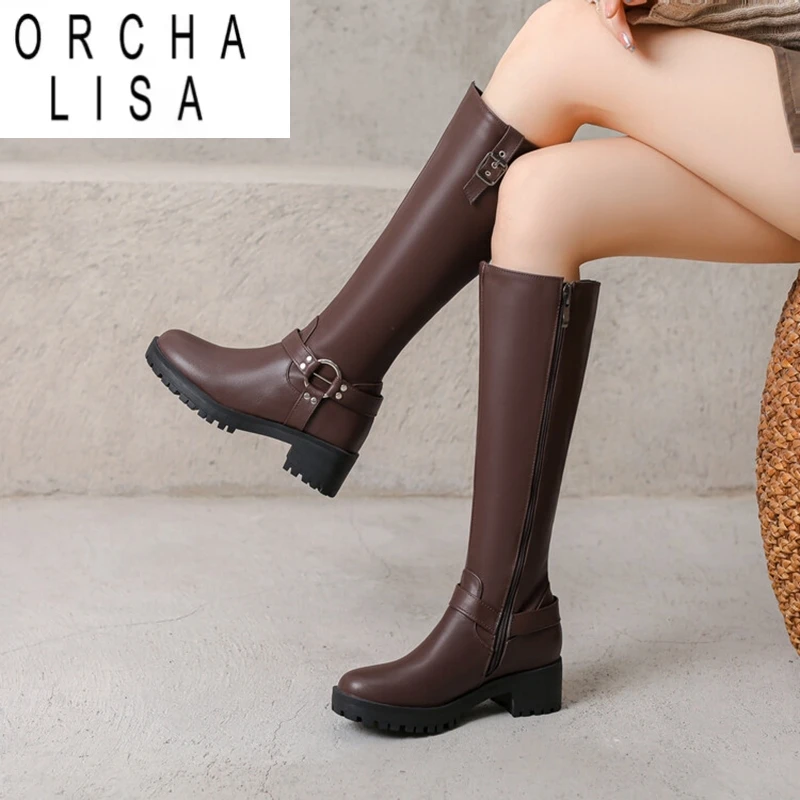 

ORCHA LISA Женские сапоги до колена с широкими штанинами, круглый носок, 4,5 см, блочный каблук, платформа, размер 41, 42, 43, модные повседневные ботинки черного цвета