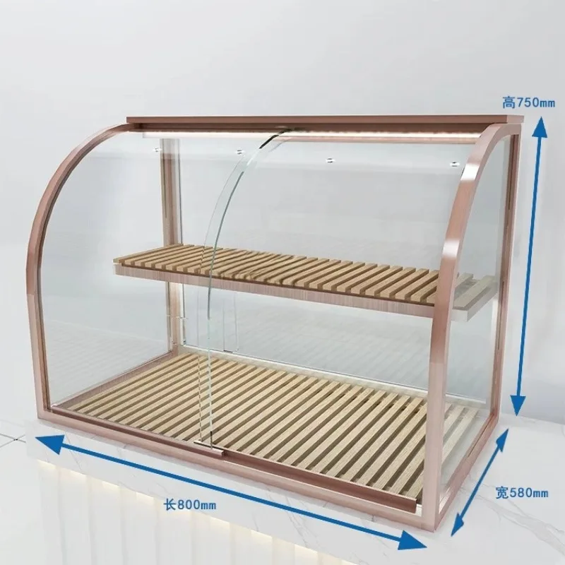 

Desktop bread display stand, curved stainless steel cake glass display cabinet