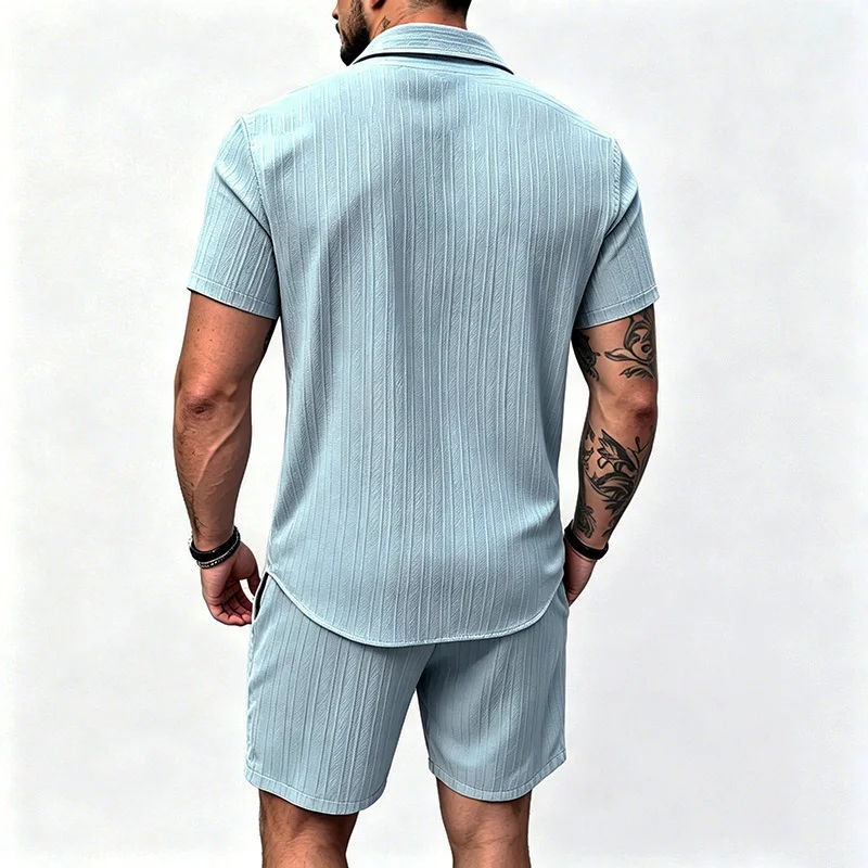 2026 New Men Vertical Wrinkle Lapel Short Sleeve Shirt Shorts 2 Piece Set Regular Fit Summer Beach Daily Casual Matching Outfit view 3