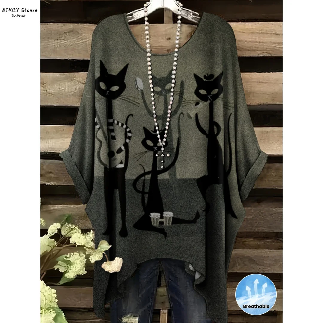 

Женская повседневная футболка с абстрактным принтом кота и рукавами «летучая мышь» с круглым вырезом и котом, повседневная одежда, химерный стиль, лето