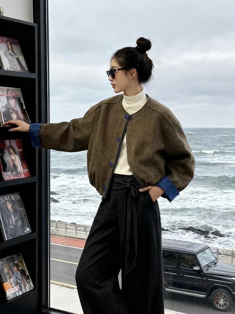 Retro American Suede ort Jaet Women's Loose Casual Sle Autumn Winter Top Small Size Faionable Leisure Outerwear