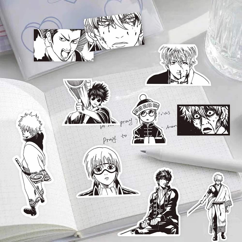 10/30/80 Stück Schwarz-Weiß-Gintama-Aufkleber Coole Sakata Gintoki Anime-Aufkleber Skateboard Auto Laptop Hijikata Toushirou Aufkleber