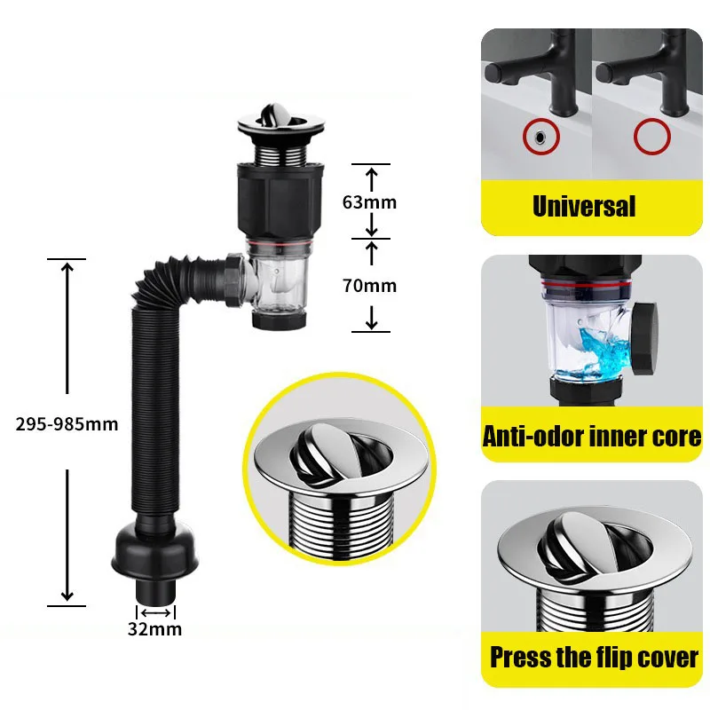 Juego de tubos de drenaje desodorante Universal para lavabo, instalación retráctil, tubería de drenaje Flexible para fregadero, accesorios de baño