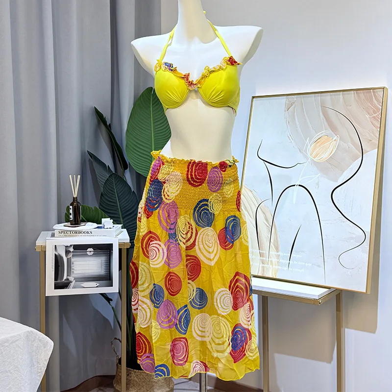 Sexy impressão halter tie push up bikinis conjuntos 3 pçs com saia enrugada maiô doce praia outfits biquini tankini maiô