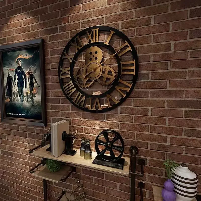 3d retro estilo industrial relógio de parede madeira europeia casa relógio de parede decoração para sala estar escritório barra arte decoração da parede horologe