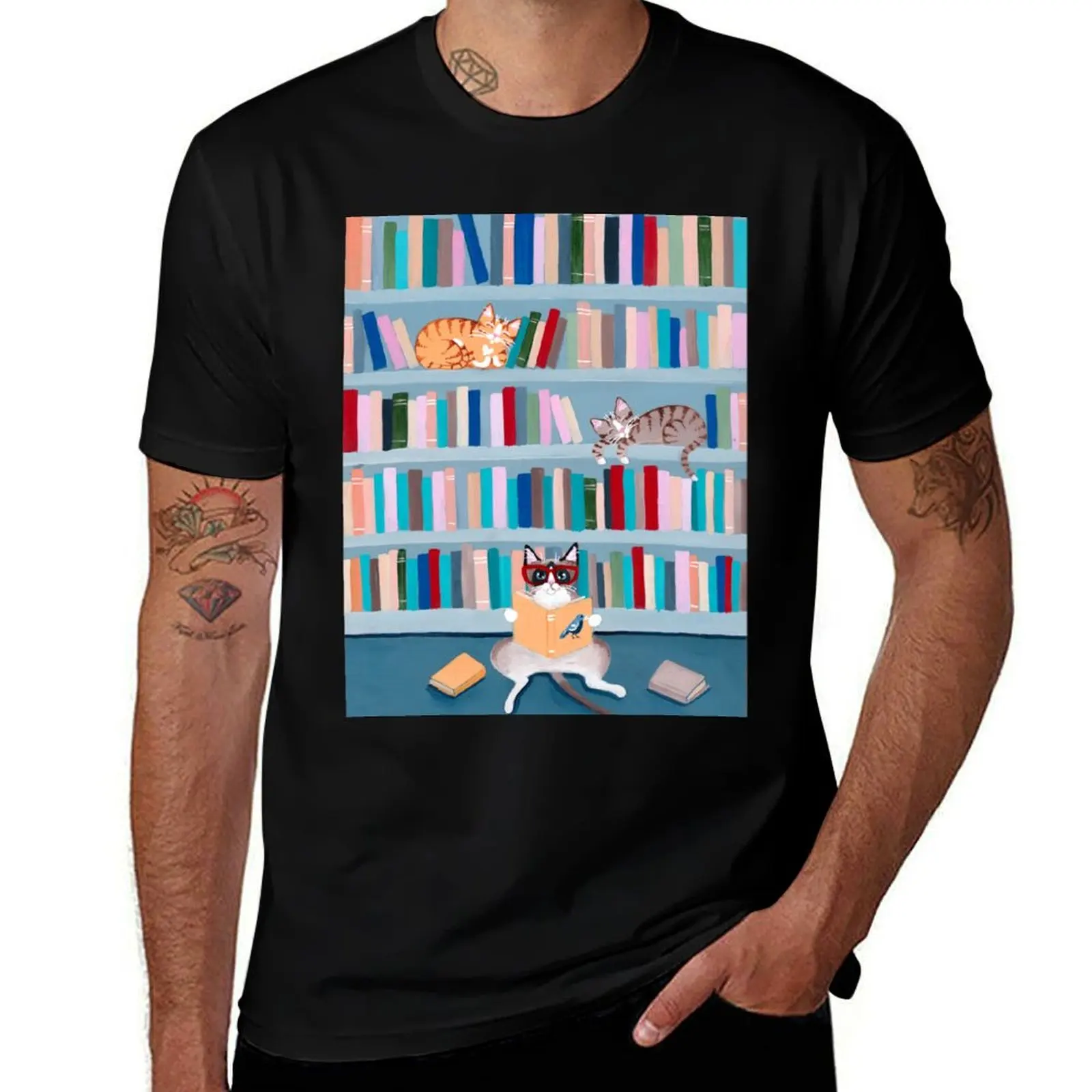 

Cats in the Library T-Shirt man t shirt designer t shirt men 100% cotton luxury brand T-Shirt