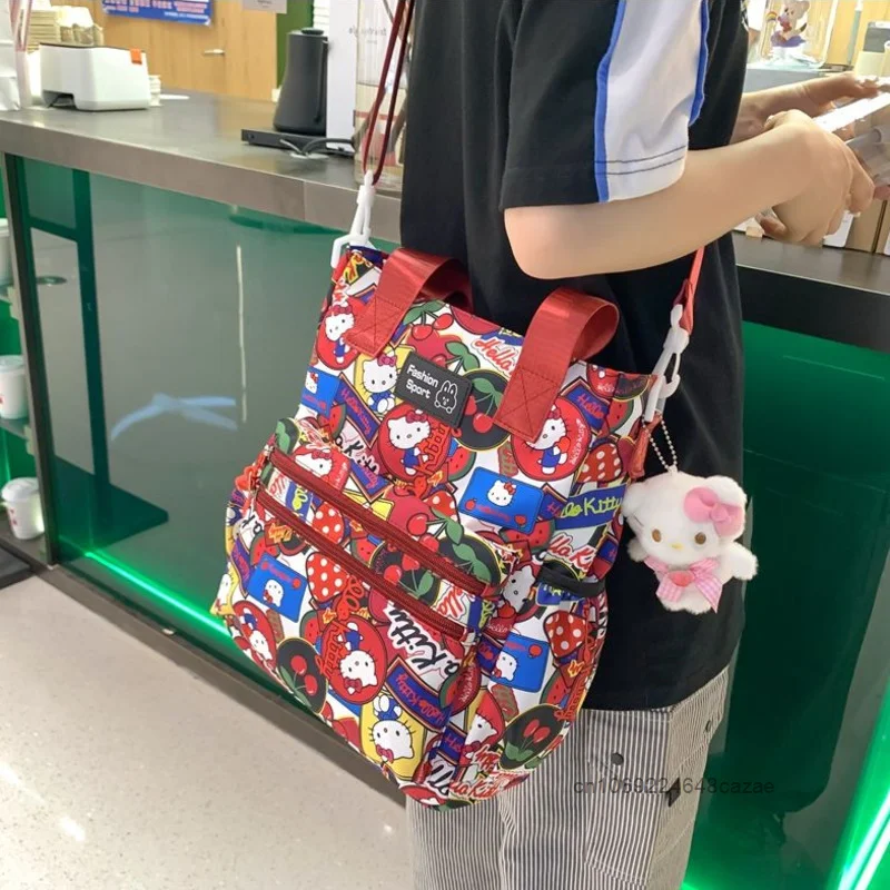 Sanrio Hello Kitty Nylon Women Shoulder Bag Japanese Style Large Capacity Cute Print Tote Bag Sweet Student Kawaii Crossbody Bag