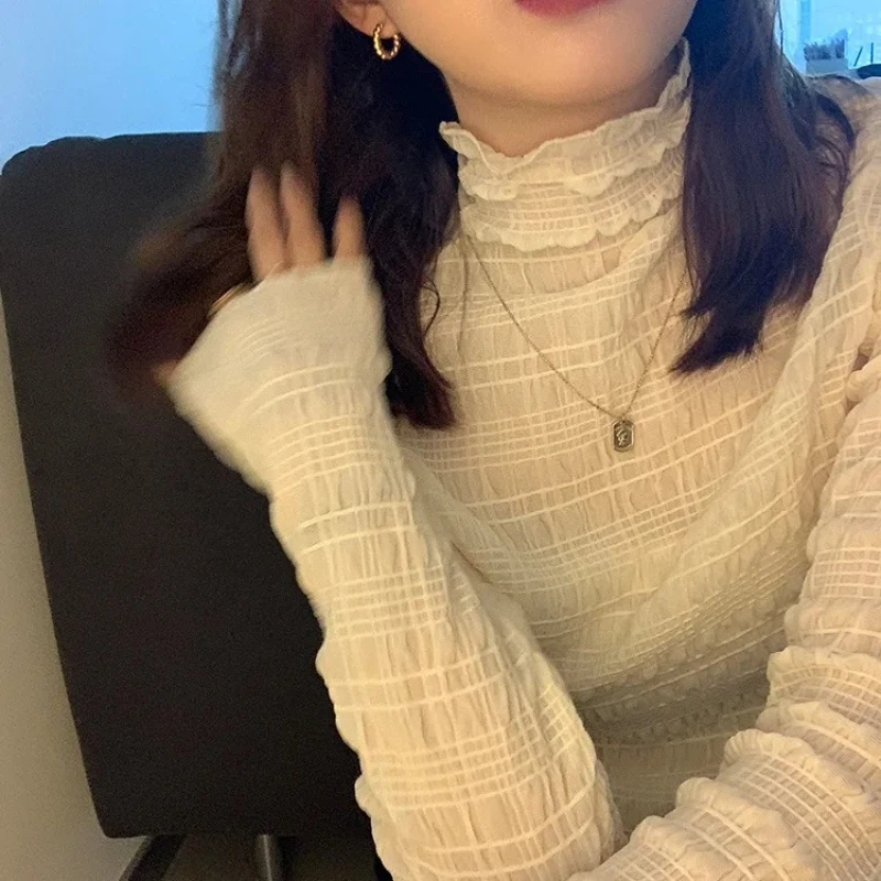 Fashion Women Long Sleeve Tops Korean Streetwear Loose Solid Sexy Club Summer Casual Transparent Thin Folds Tee Shirt