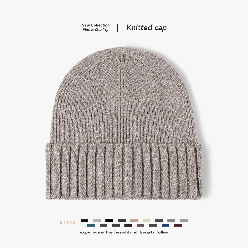 Autumn and Winter Core-spun Yarn Outdoor Warm Thickened Solid Color Cuffed Brimless Men's Knitted Hat with Ear Protection