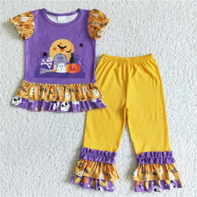 

Halloween Fashion 2022 Design Girl Clothes Purple Yellow Pumpkin Flutter Sleeves Green Western Pants Baby Clothing Sets Children