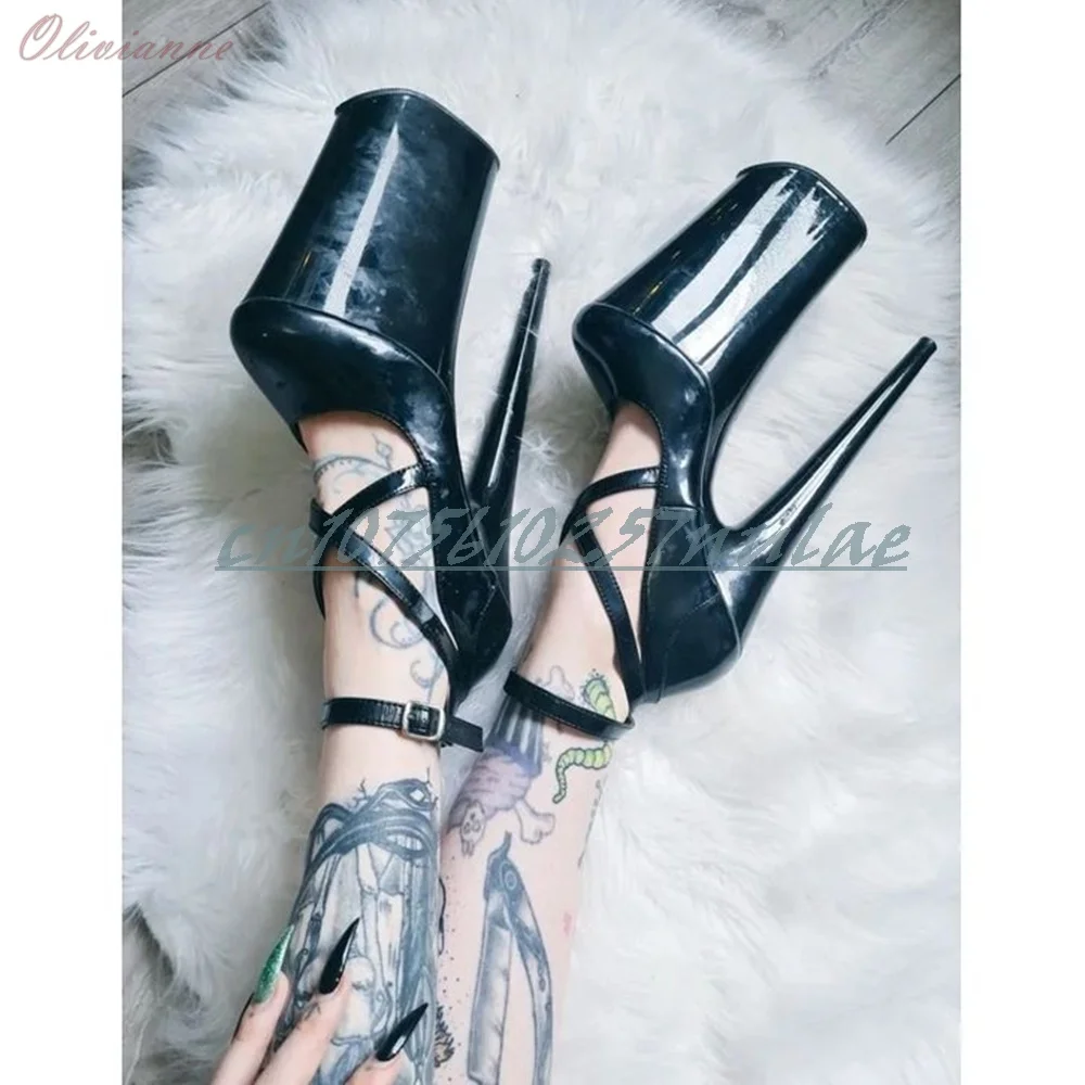 Cross Tied Hollow Platform Pumps Pole Dancing Stiletto High Heel Black Shiny PU Nightclub Women Shoes Performance Stage 2026