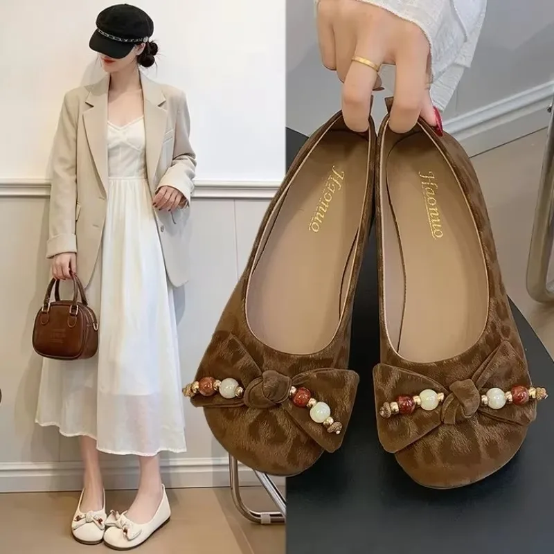 2026Women Round Toe Flat Ballet Shoes Bow Beaded Decor Soft Slip On Loafers