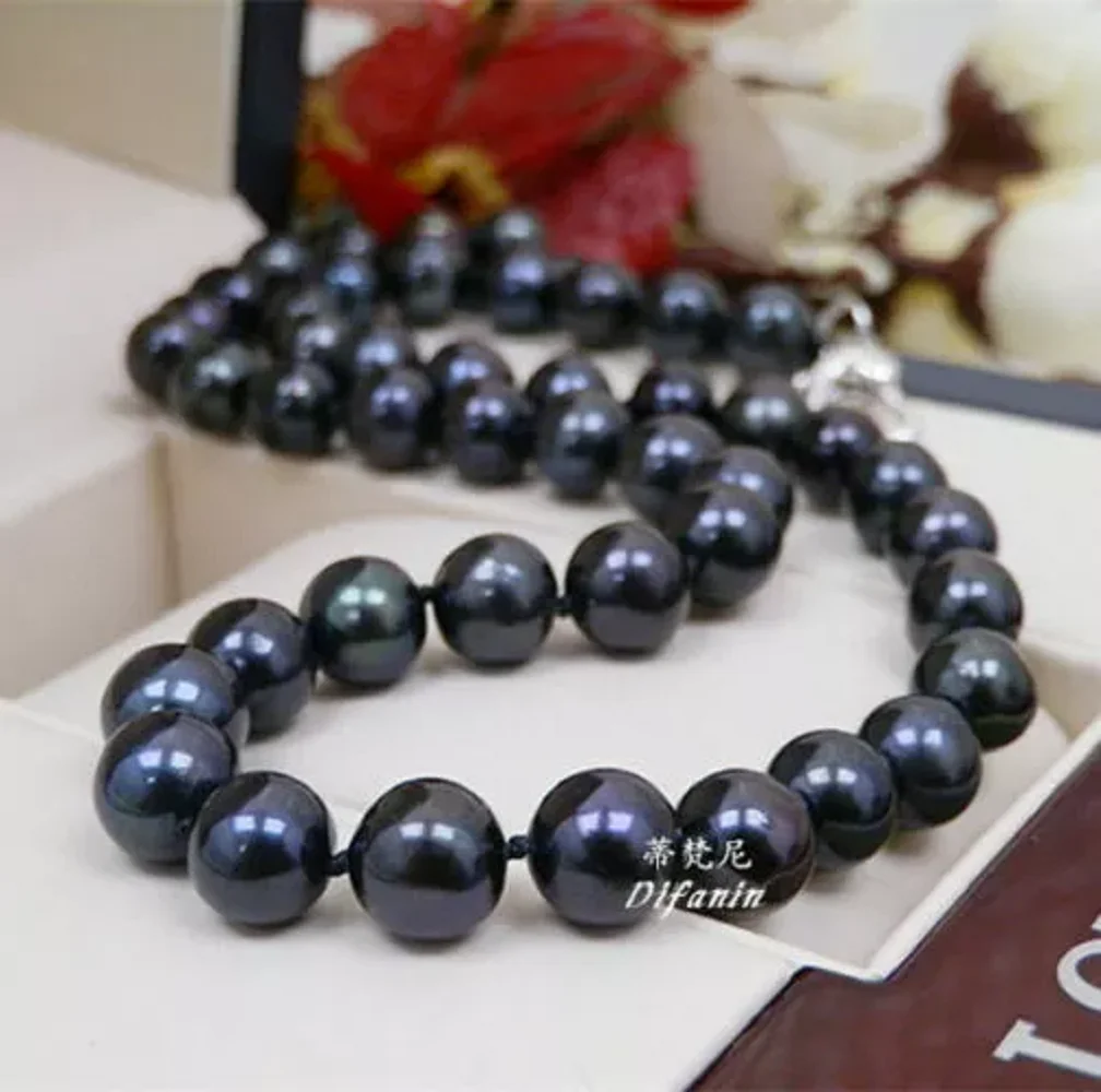 Gorgeous 10-9mm AAA+Natural Tahiti Black Round Pearl Necklace 925s 16/36 inch