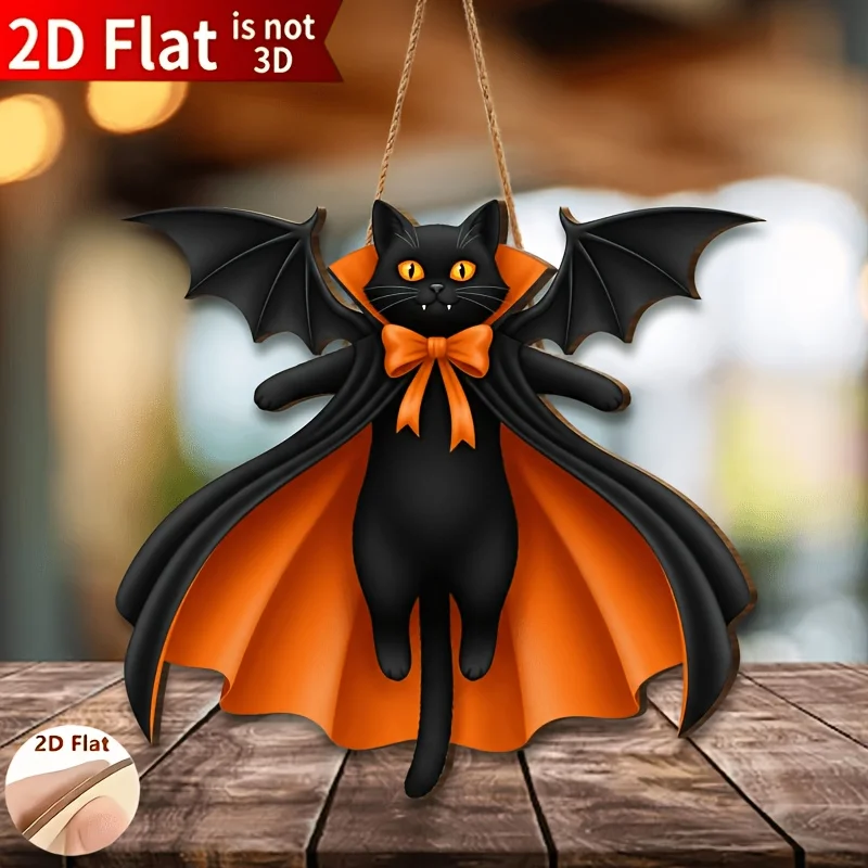 1PCS Halloween Black Cat Vampire Bat Wooden Door Sign 2D Gothic Wall Decor Front Door Hanging Home Decor Halloween Decor Gift