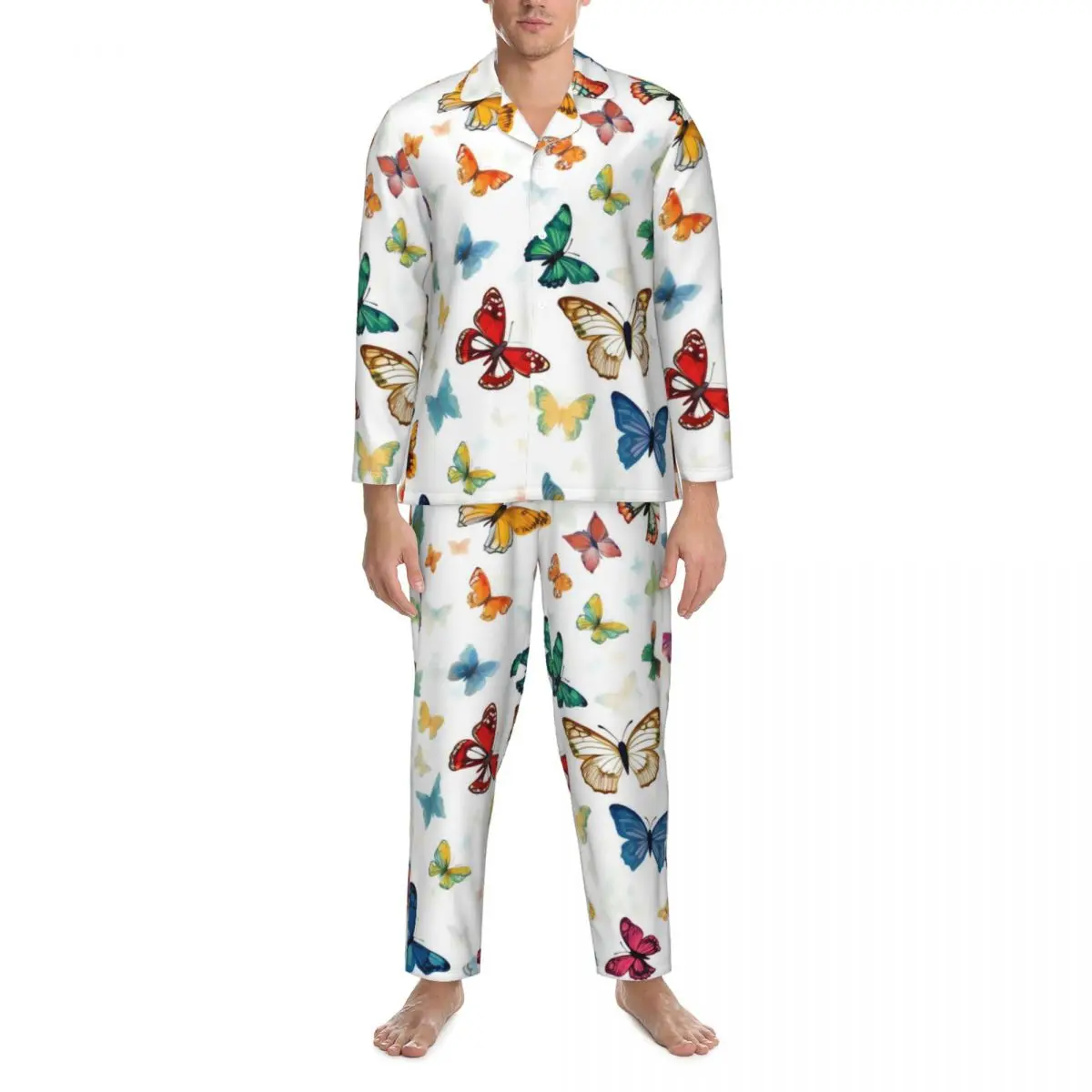 Color Butterflies Pajamas Men Animal Print Trendy Leisure Sleepwear Spring 2 Pieces Casual Oversized Custom Home Suit