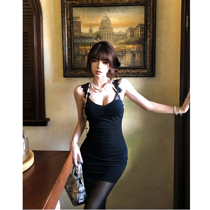 Vestido camisero de malla sexi para mujer, vestido coreano elegante con espalda descubierta transparente para fiesta, Vestidos ajustados de verano a la moda con flores negras y cuello en V, novedad