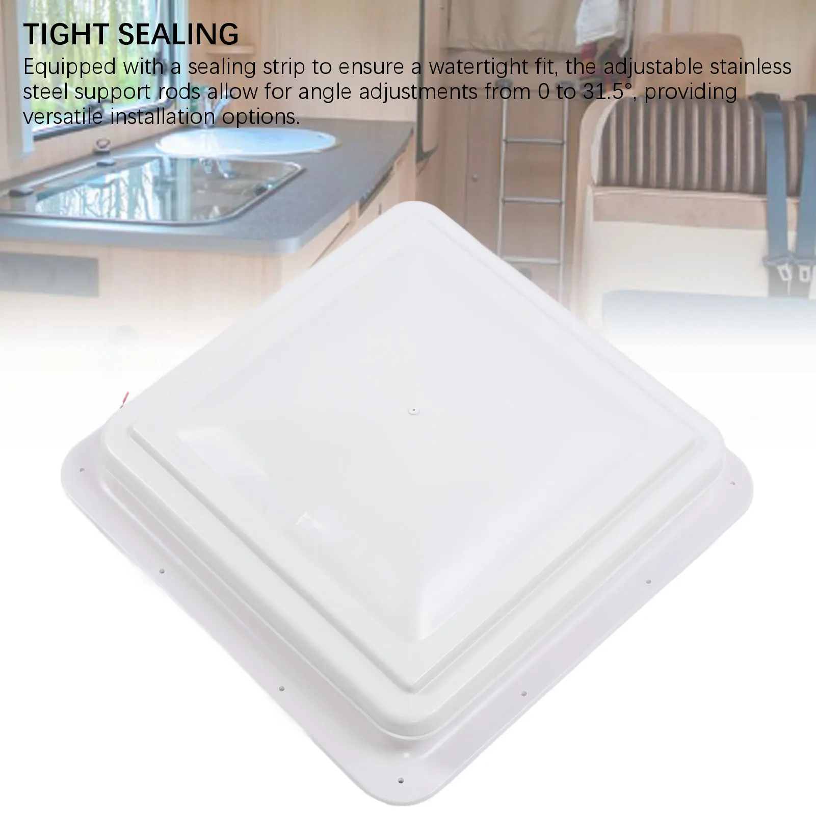 فتحة تهوية سقف RV مقاس 13.39 × 13.39 مع شاشة طيران وقضيب داعم ومروحة تهوية سقف متنقلة مقاومة للماء #5