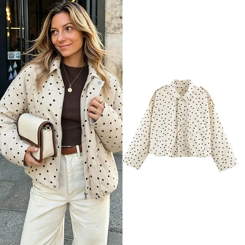 Women's Polka Dot Jacket With Shoulder Tabs New 2026 Autumn Laple-Collar Long Sleeve Women Er Jacket Simple Female Coats