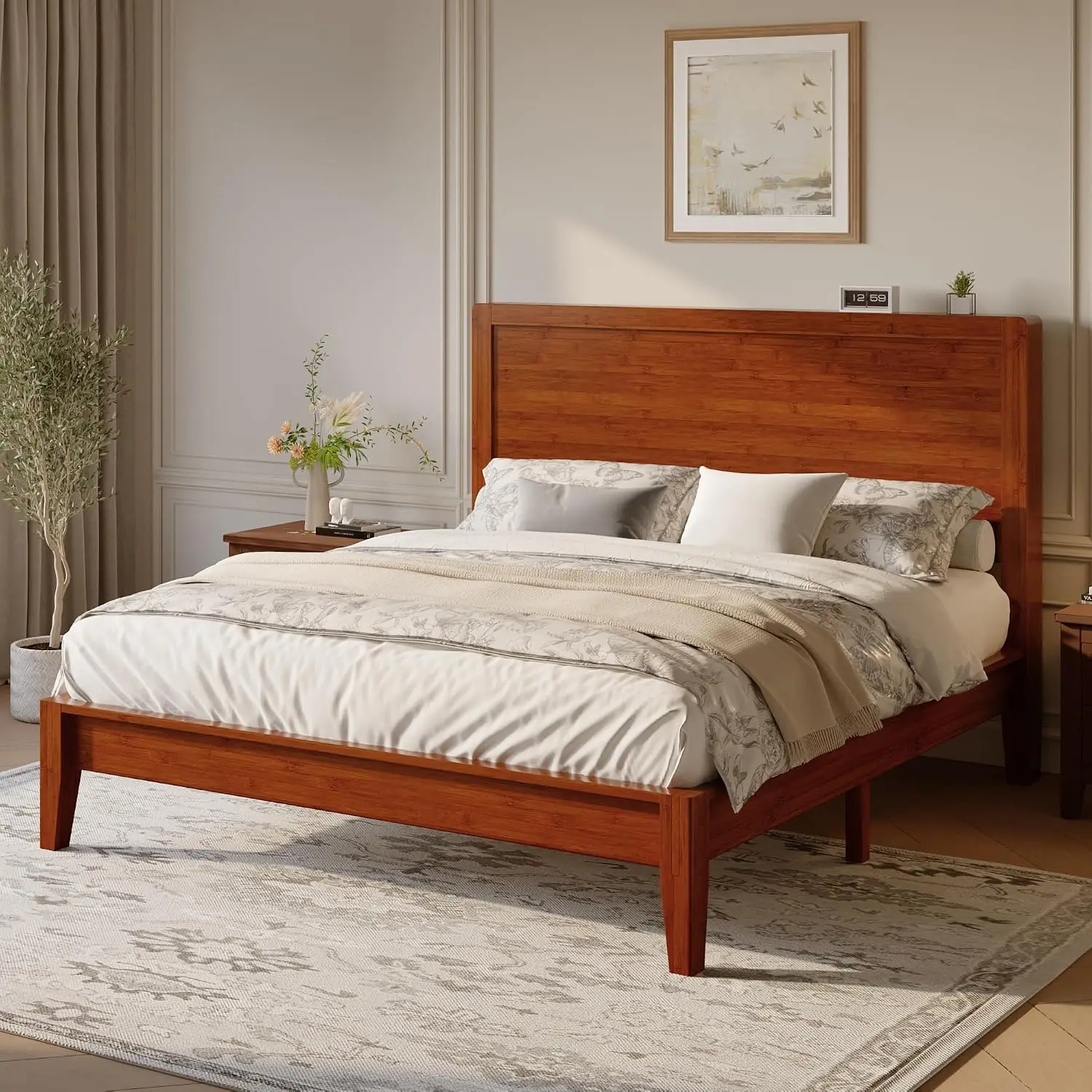 Queen Size Bamboo Bed Frame with Tall Headboard, Japanese Joinery Platform Bed, Sturdy Wood Slat Support, 7.9", Customized - view 3