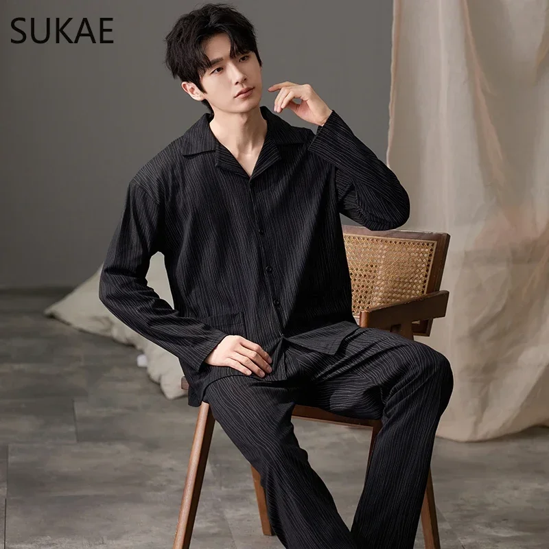 SUKAE Casual Mens Pijama Faux Cotton Soft Nightwear Autumn Spring Homesuit Gentleman Turn-down Collar Sleepwear Boys Pajamas