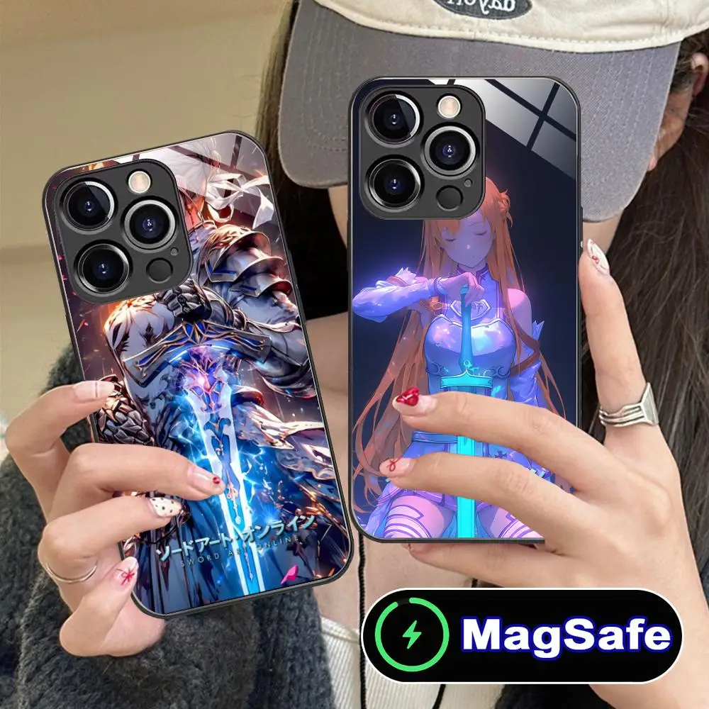 Funda para teléfono móvil Sword Online para iPhone 16 15 14 13 12 11 Pro Max Plus Mini MagSafe, carga inalámbrica de cristal, bonitos