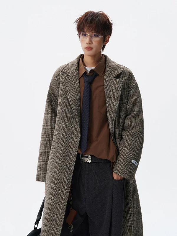 

Шерстяное пальто в американском стиле ретро, мужское свободное хлопковое пальто с межкой подкладкой средней длины, осень-зима, элитная ветровка в клетку с рисунком