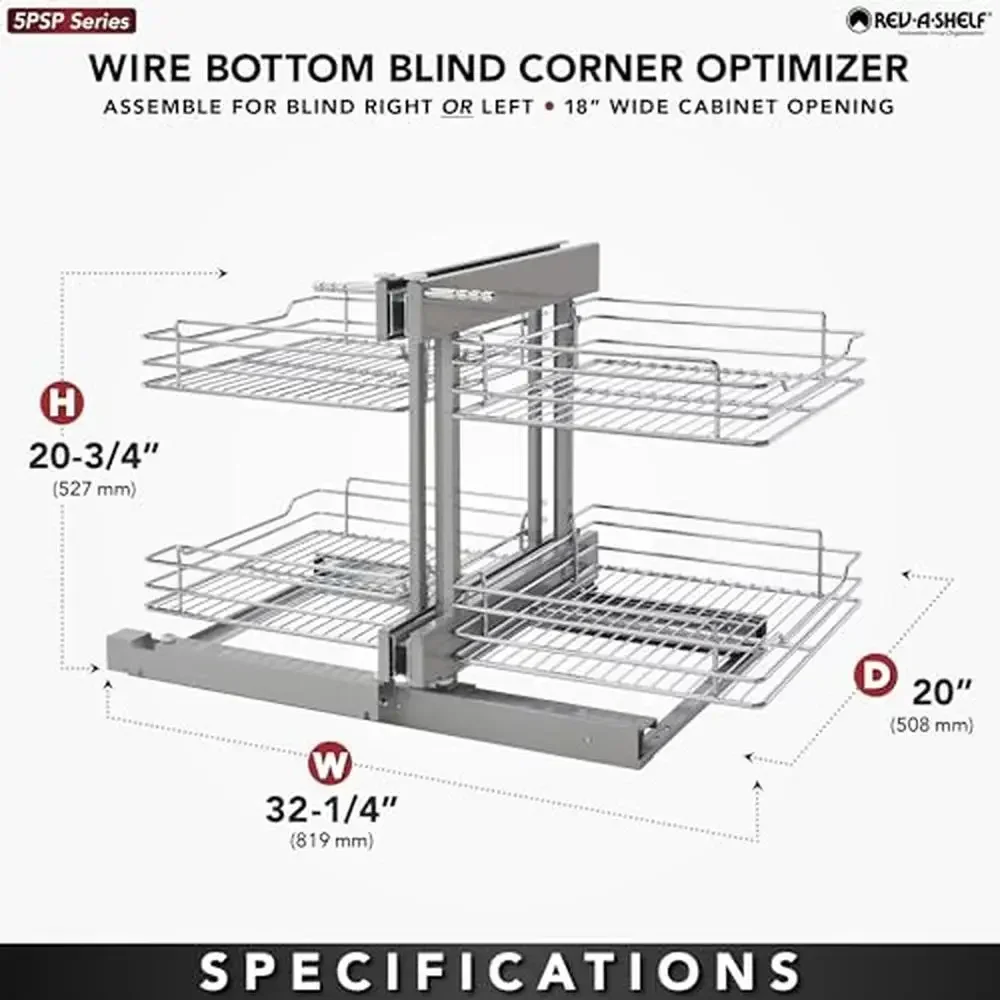 Kitchen Blind Corner Cabinet Storage Organizer 5PSP-18-CR Dual Tier Pullout Shelf Silver