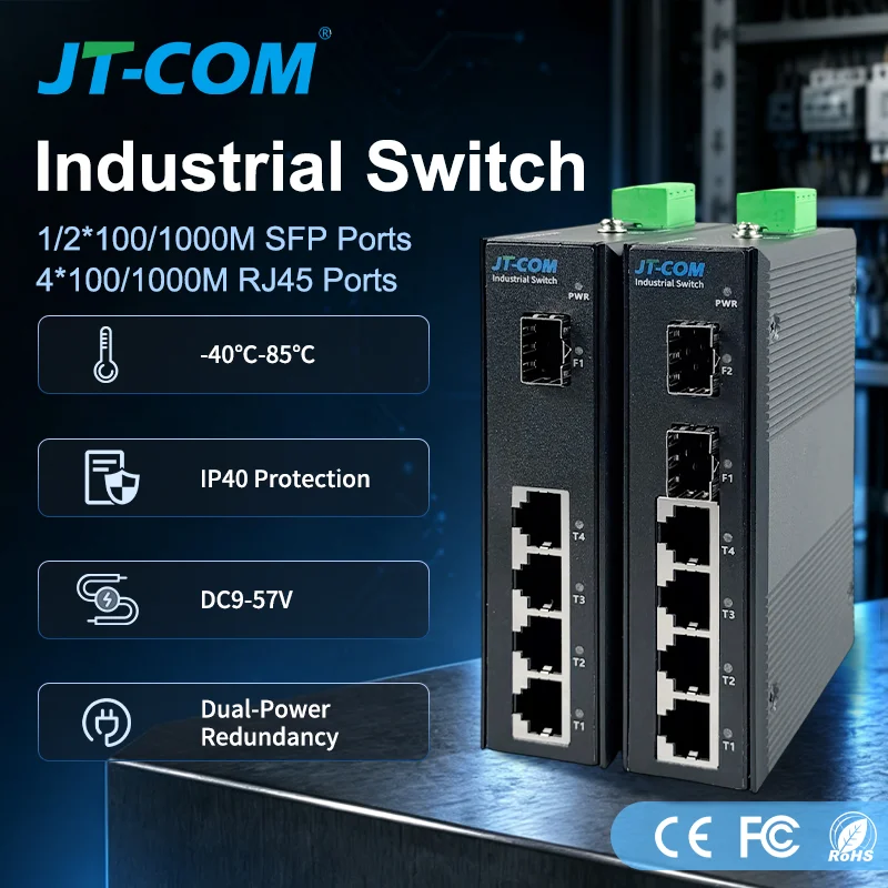 Industrial 5/6 Port Gigabit Fiber Switch with SFP 10/100/1000Mbps Ethernet 4GE+1(2)SFP DIN-Rail Mount IP40 -40 to 85°C 6KV