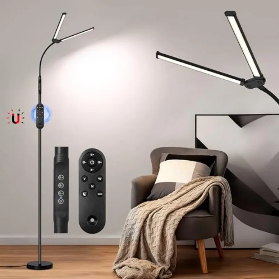 

LED Floor Lamp 18W, 3 Color Modes 10 Brightness, Pole Controller and Magnetic Remote, Adjustable Gooseneck, Built-in Wire, USB