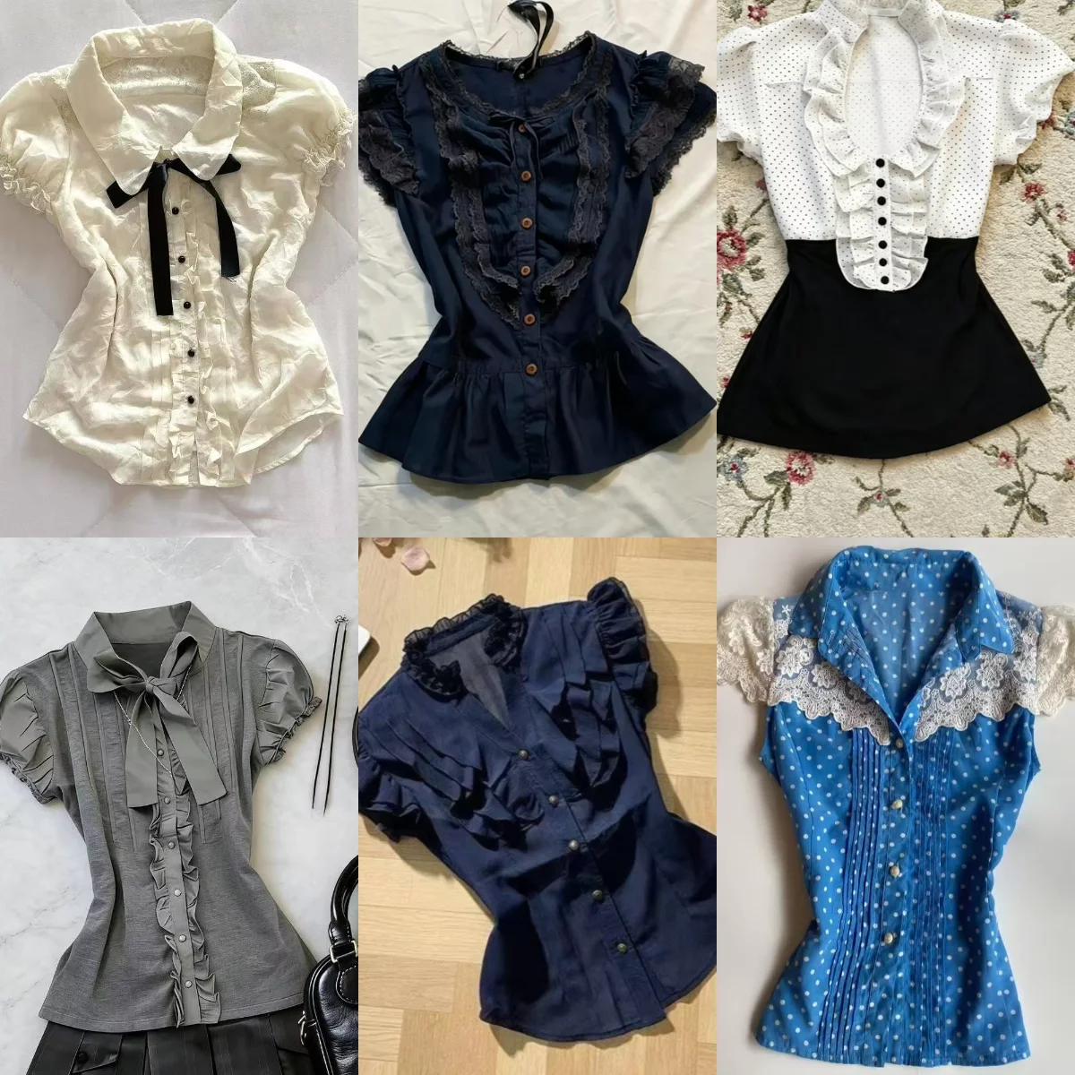 Vintage Damen Pullover mit kurzen Ärmeln aus den 2000er Jahren, niedliche japanische Harajuku-Bluse mit Patchwork-Spitzenmanschette, schmal geschnitten, koreanischer Chic für den Alltag.