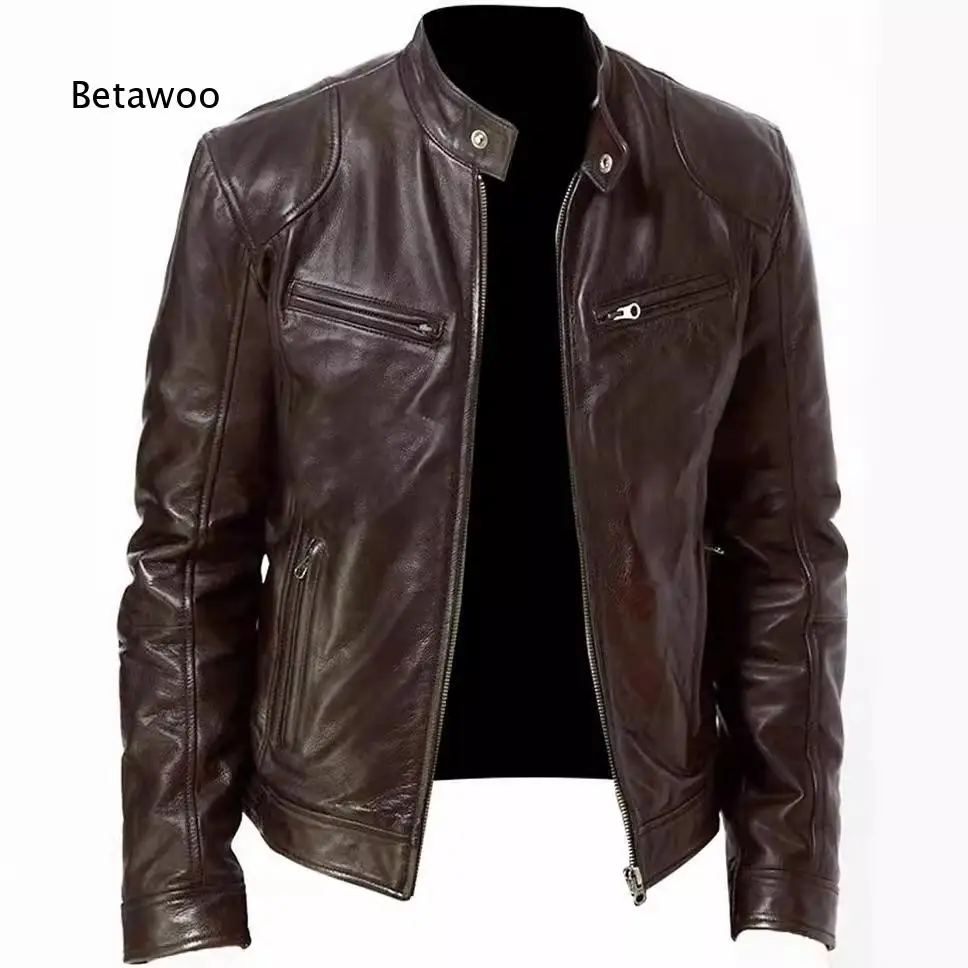 Men Warm Button Decor Biker PU Jacket Multi Pockets Stand Collar Zip Up Open Coat For Winter Daily Outdoor And Street Casual We