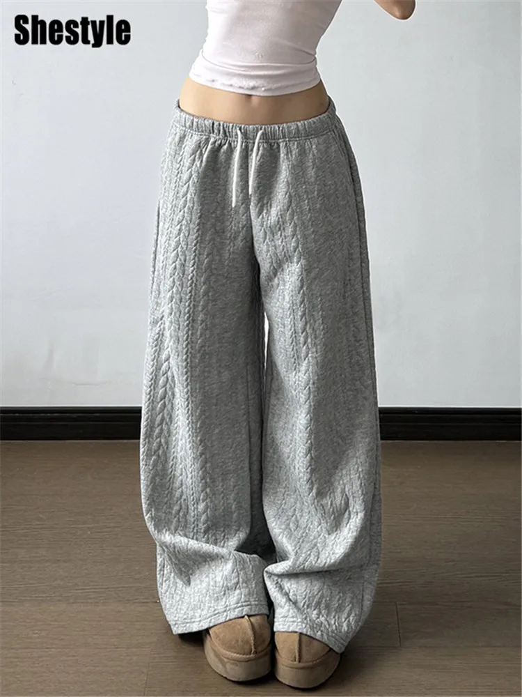 Shestyle Gray Sweatpants Autumn for Women Streetwear Drawstring Texture Staight Casual Loose Minimalist Wide Leg Trousers 2025