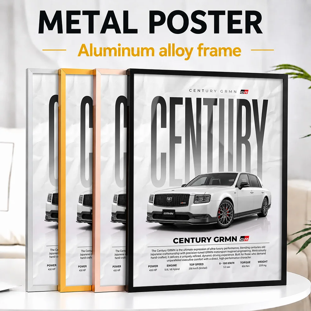White Japanese Century GRMN Sedan Framed Aluminum Metal Poster Personalized Studio Graphic Wall Art For Car Enthusiast Lounge
