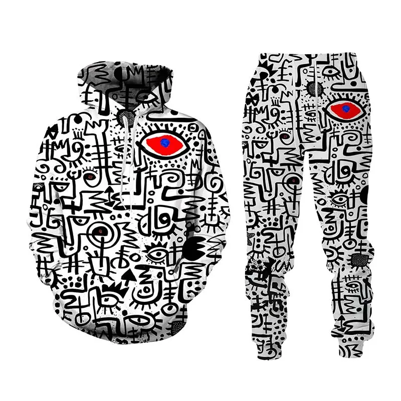 New Hip Hop Graffiti 3D Cartoon Printed Hoodie + Pants Suit Cool Men/Women 2 Pcs Sportwear Tracksuit Set Spring Autumn Men\'s Clo