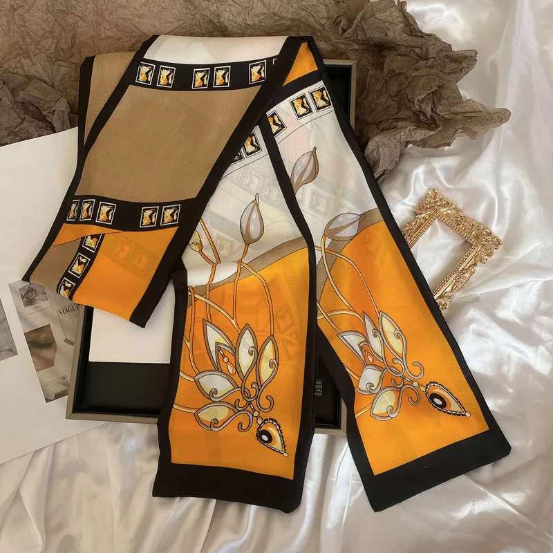 Summer Fashion Skinny Silk Scarf 145x12cm Satin Bag Ribbon Neck Foulard For Female Flower Print Hair Neckerchief Women Headband - view 5