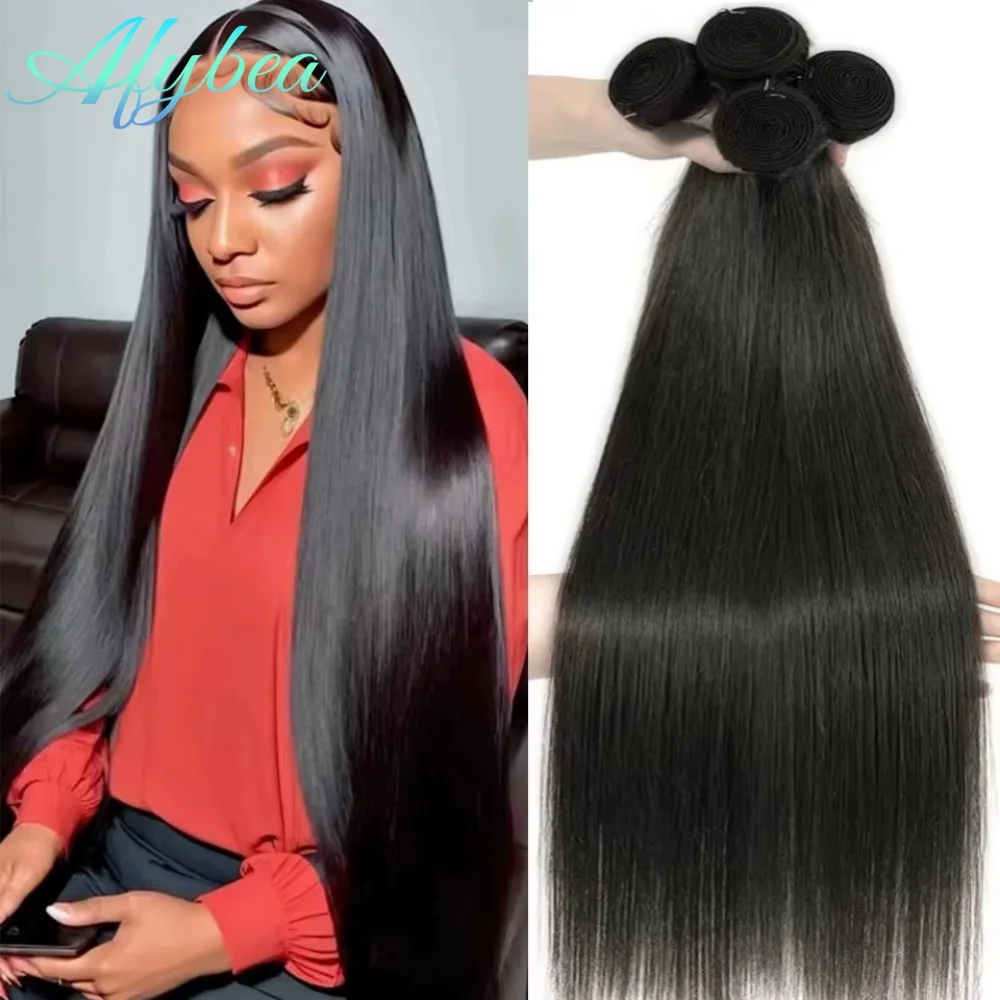 

Натуральные человеческие волосы для наращивания, 3-4 пучка, 28-32 дюйма, идеально прямые, необработанные, черные, бразильские, реплика Remy, для плетения