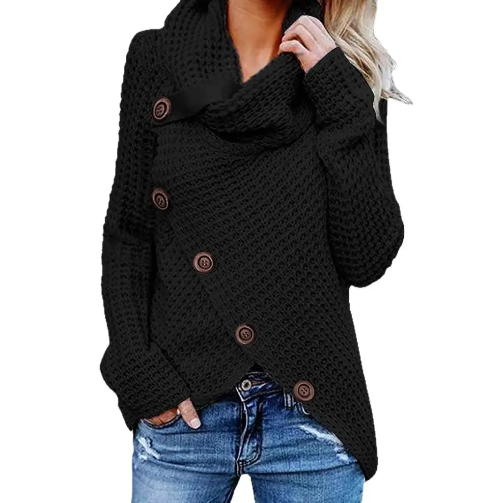 

Women's Knitted Turtleneck Pullover Sweater Five-Button Contrasting Color European American Style Autumn Winter Top Jacket