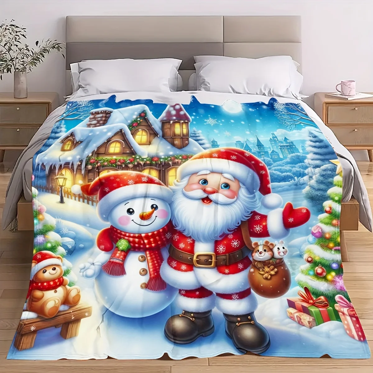 Coperta natalizia in flanella ultra morbida: design di Babbo Natale e pupazzo di neve, perfetta per divano, camera da letto o regalo: adatta alle allergie, versatile