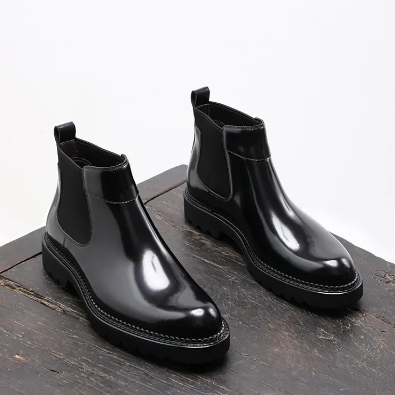 British Style Trendy Chelsea Boots Men Fashion Bright Leather Thick Sole Casual Ankle Boots High-top Leather Shoes Slip on Boots