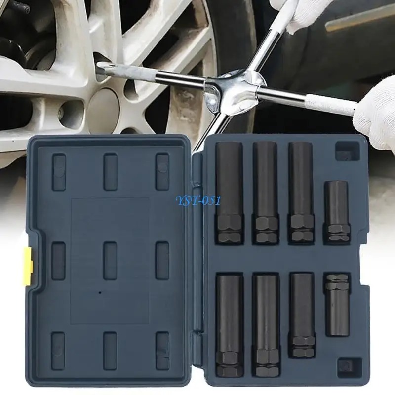 

E15A High Strength Spline and Hexagonal Lug Nut Socket SAE Metric Universal Fit 8pcs